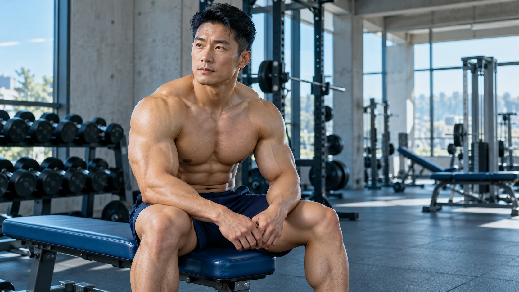 Fictional adult male bodybuilder in a gym, an original fitness illustration for Iron Recap